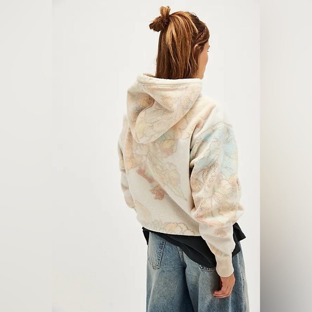 Free People Cream Floral Plush Hooded Sweatshirt